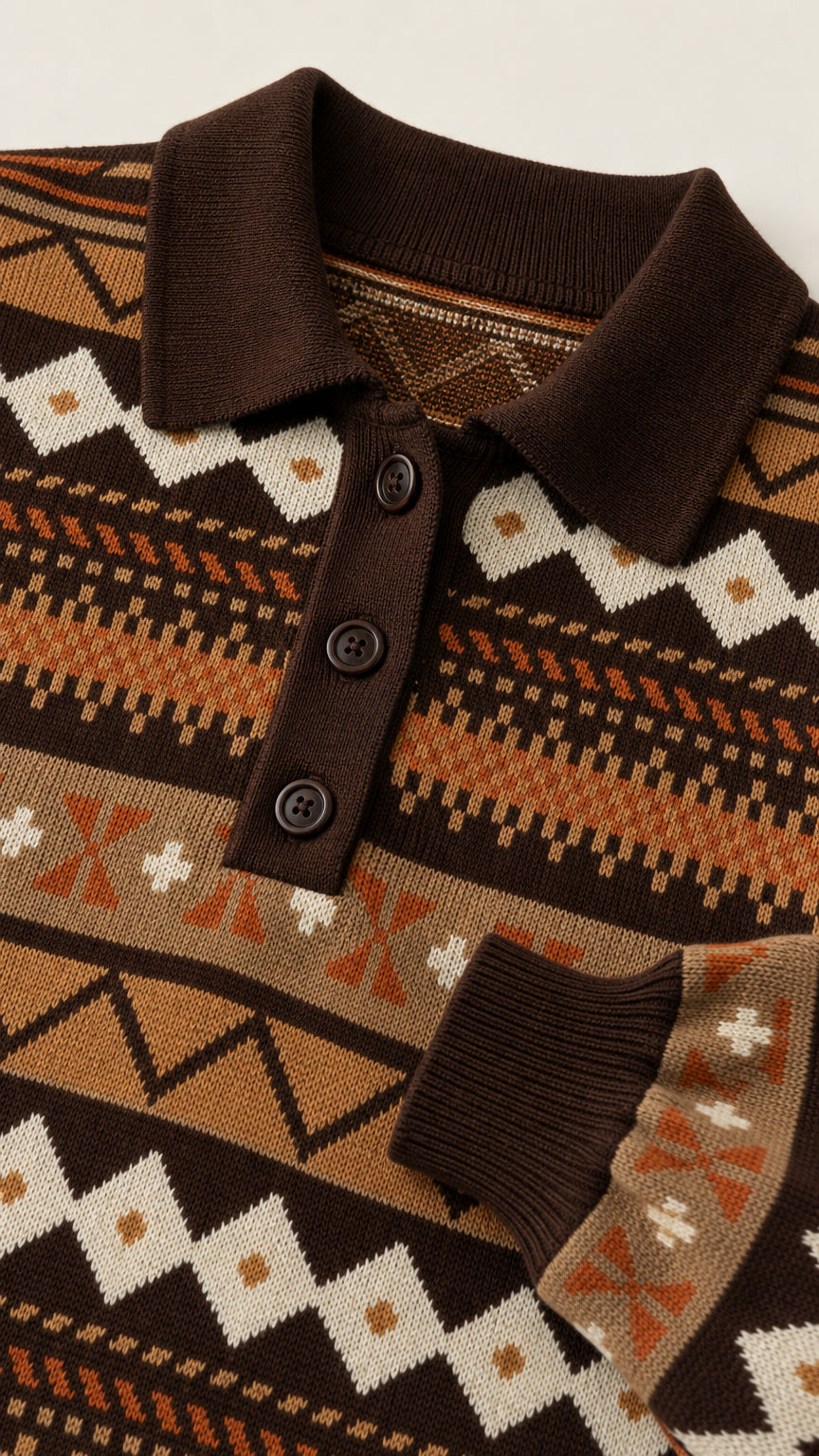 Close-up detail of brown polo collar, button placket, and ribbed cuff with jacquard pattern