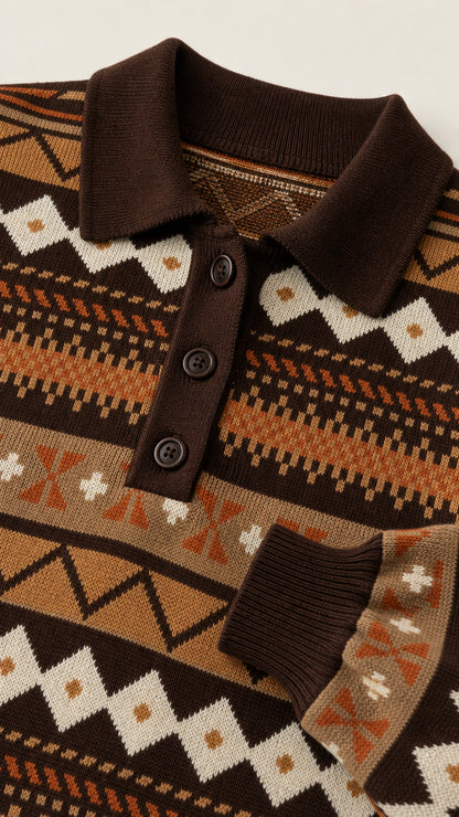 Close-up detail of brown polo collar, button placket, and ribbed cuff with jacquard pattern