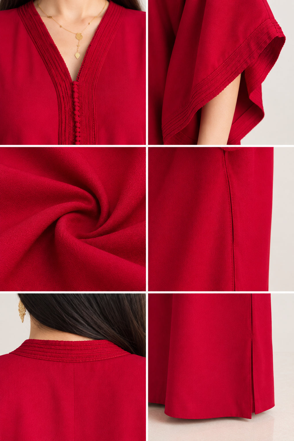 Close-up details of red kaftan neckline embroidery, flared cuff, fabric texture, and side slit