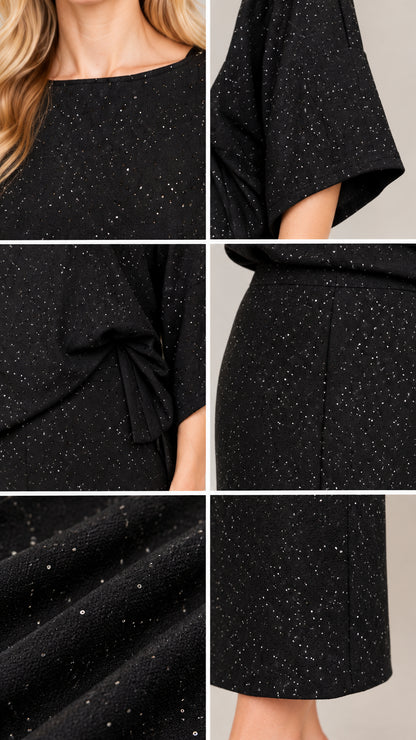 Close-up detail collage showing fabric texture, neckline, sleeve, and side drape of black sparkle set