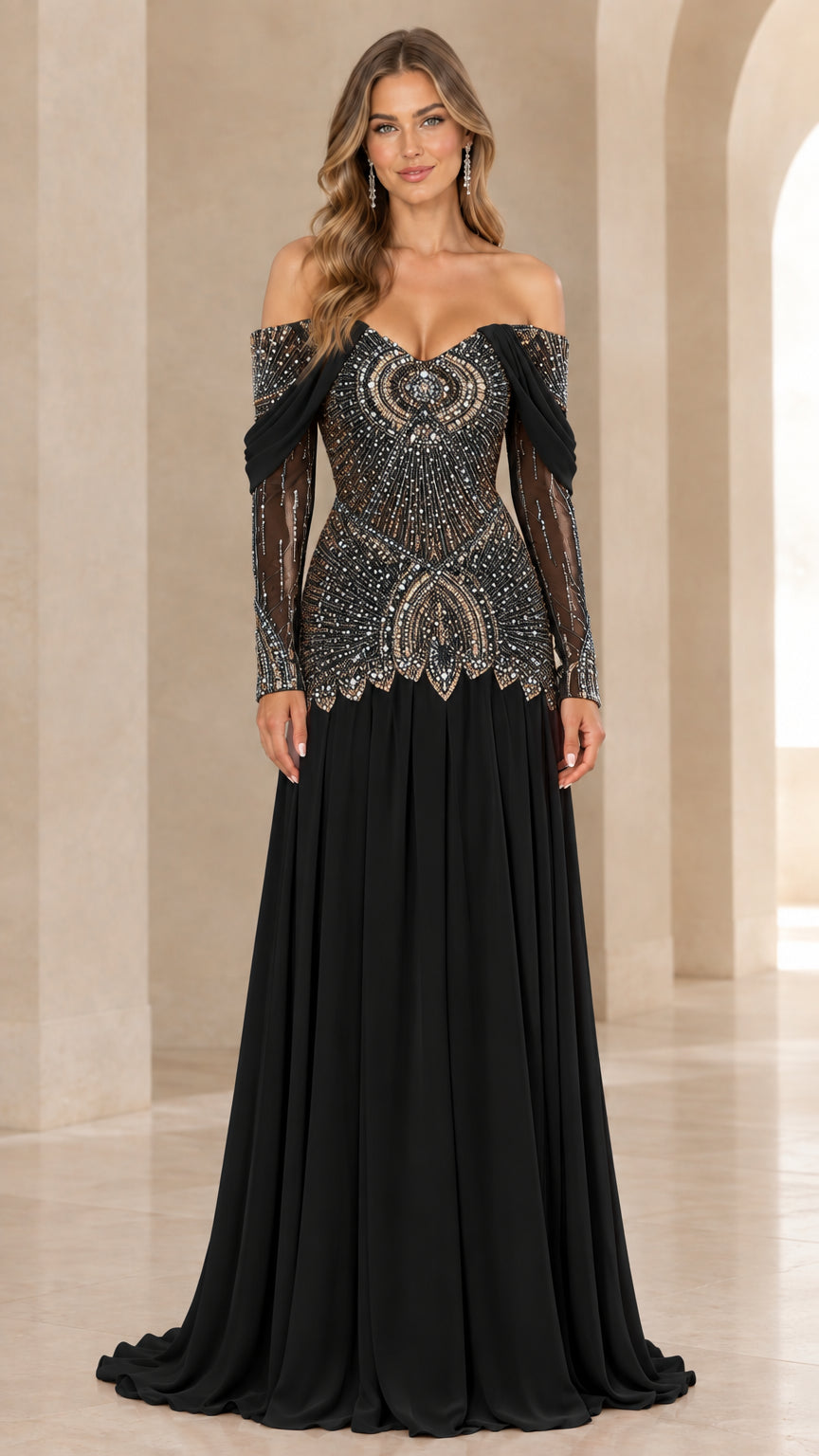 Front view of black off-the-shoulder embellished evening gown