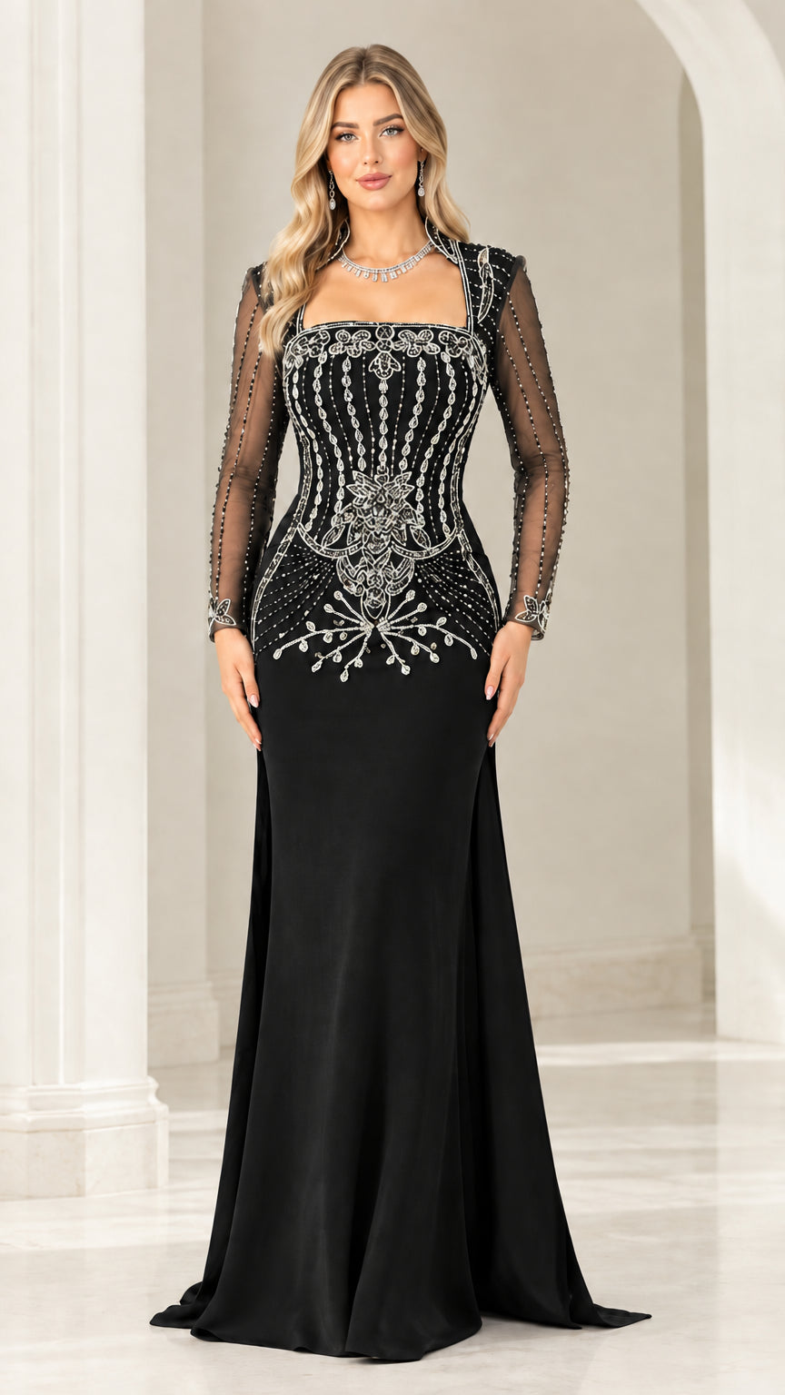 Front full-length view of classic black beaded long sleeve mermaid evening dress