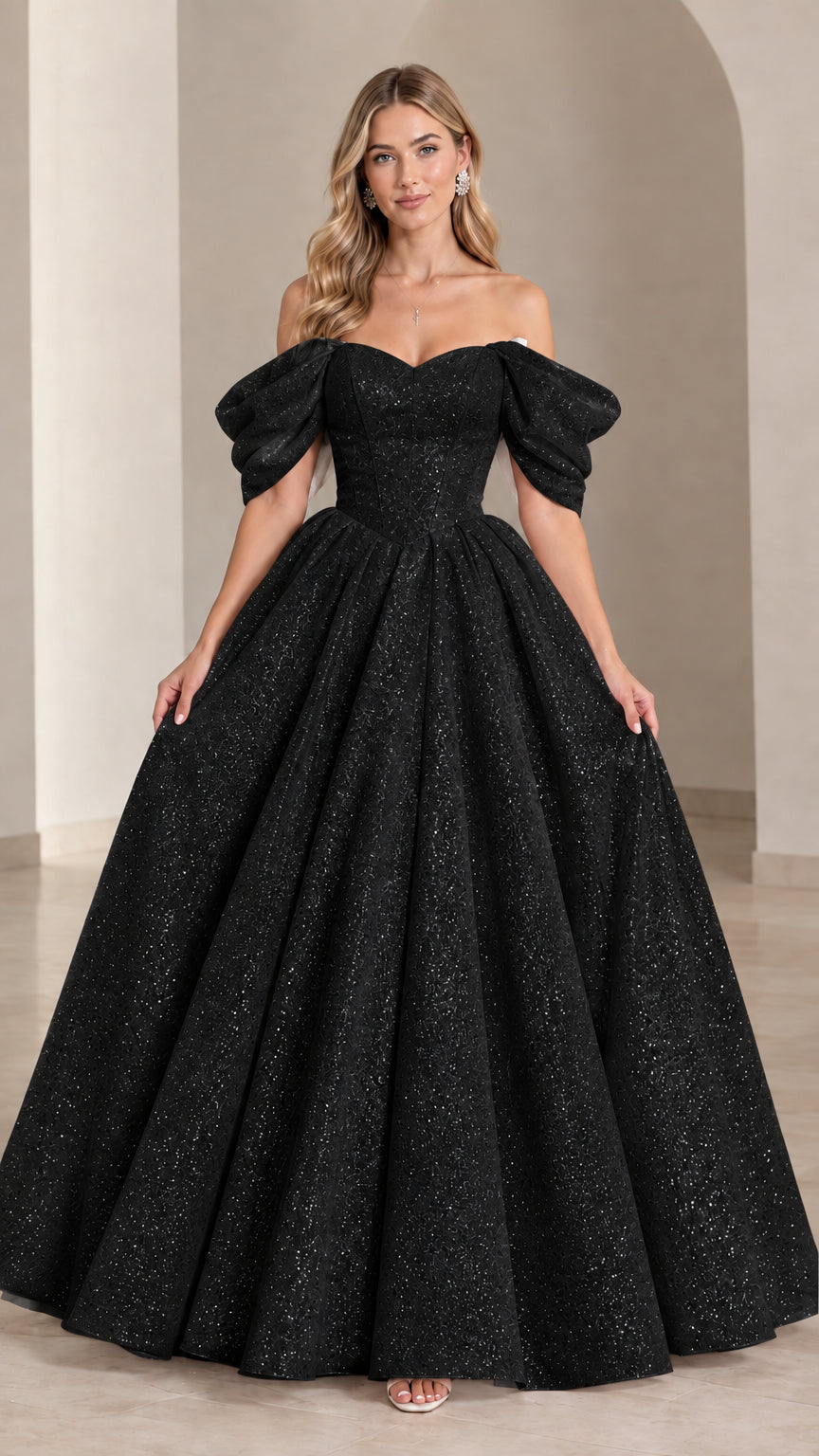 Black off-the-shoulder sparkle ball gown evening dress