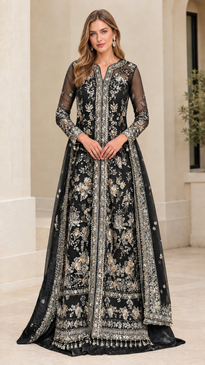 Model wearing black and gold embroidered long sleeve evening gown with beaded fringe