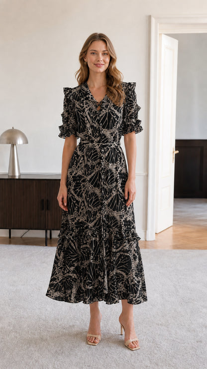 Model wearing black botanical print ruffle v-neck midi dress