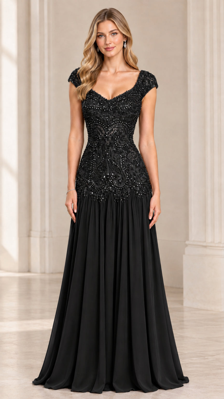Front view of black beaded lace and chiffon formal maxi gown