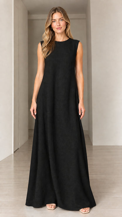 Front view of woman wearing Black sleeveless crewneck maxi dress