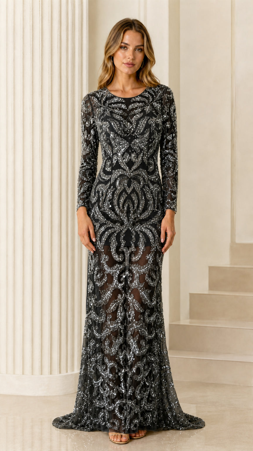 Black long sleeve sequin illusion formal maxi dress front view