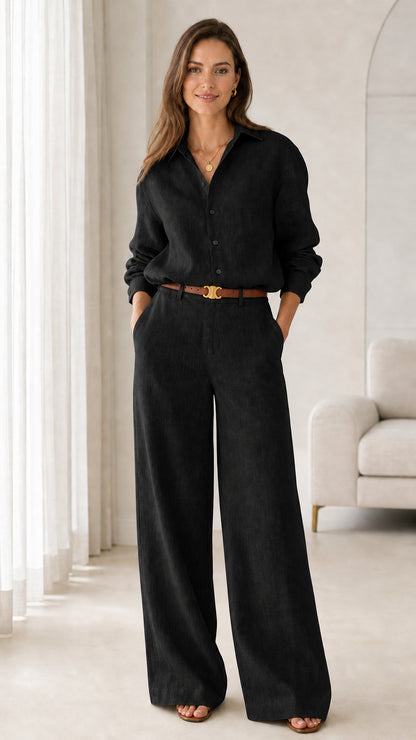 Women's black button-down shirt and wide-leg matching pants set