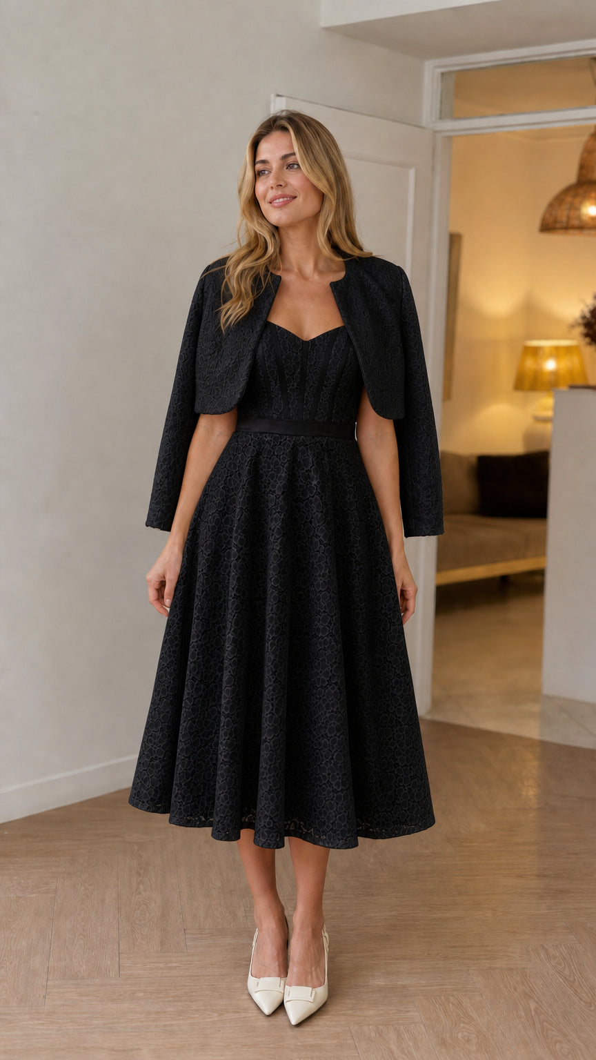 Black lace sweetheart midi dress and bolero jacket set