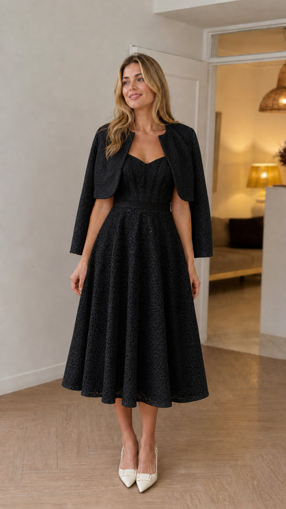 Black lace sweetheart midi dress and bolero jacket set