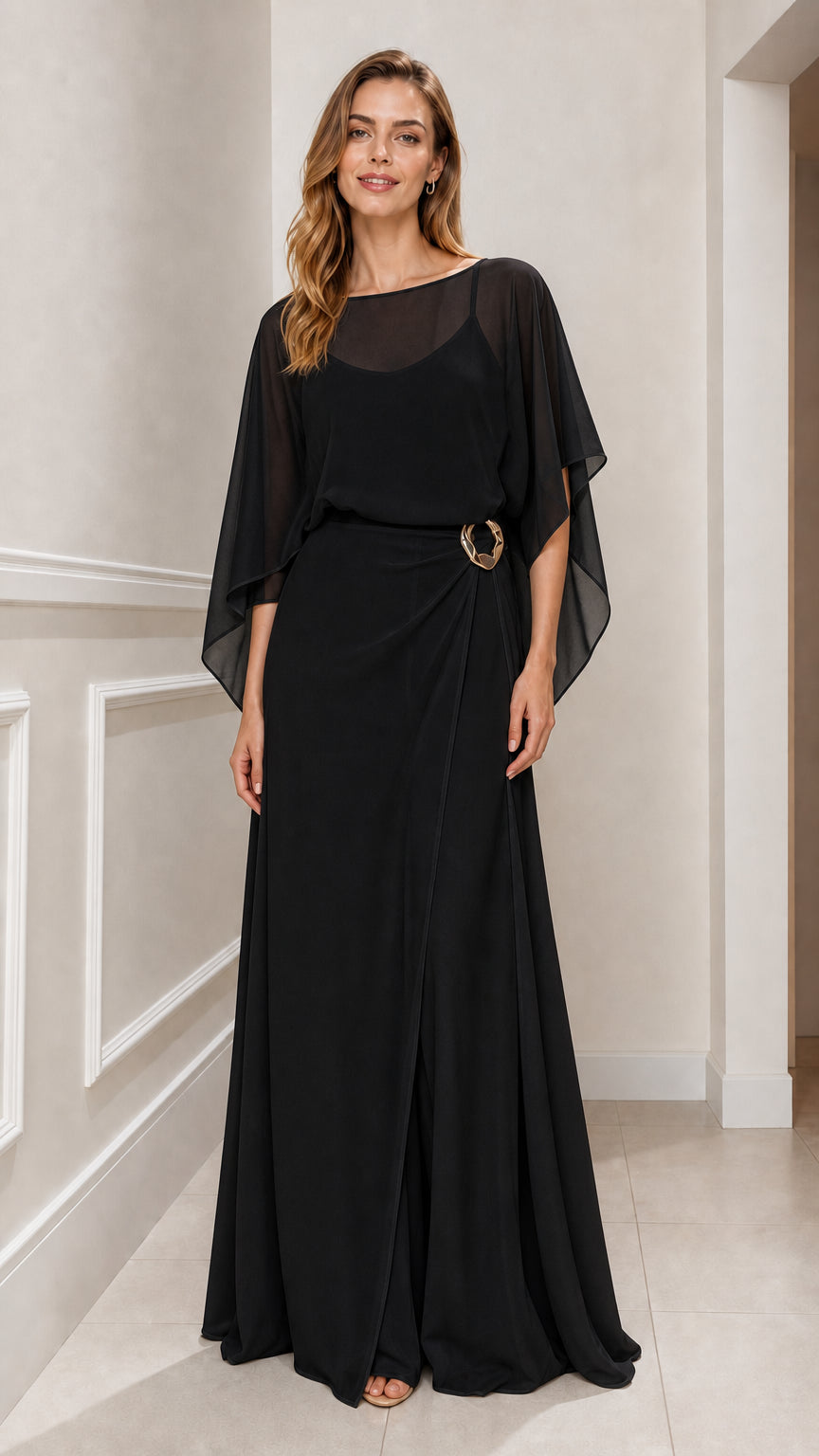 Black chiffon cape sleeve formal maxi dress front view