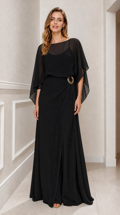 Black chiffon cape sleeve formal maxi dress front view