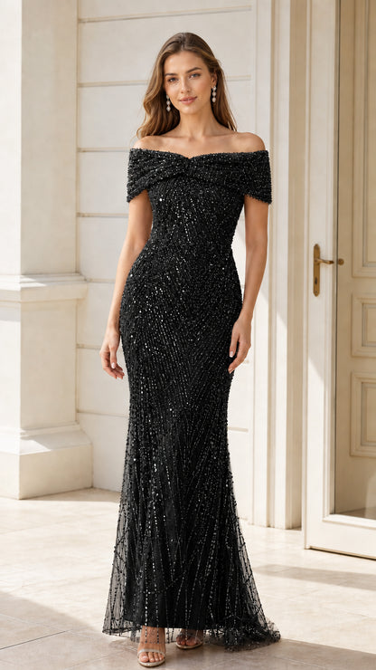 Front view of black off-the-shoulder sequin mermaid gown