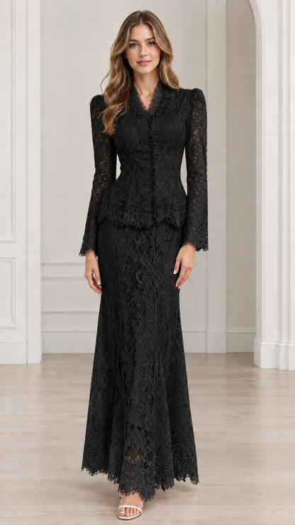 Front view of Black floral lace peplum formal two-piece skirt set