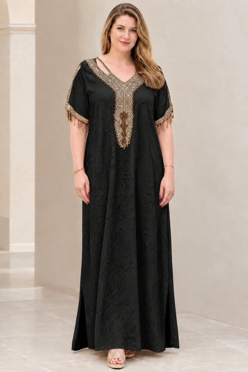 Front view of black beaded jacquard kaftan maxi dress