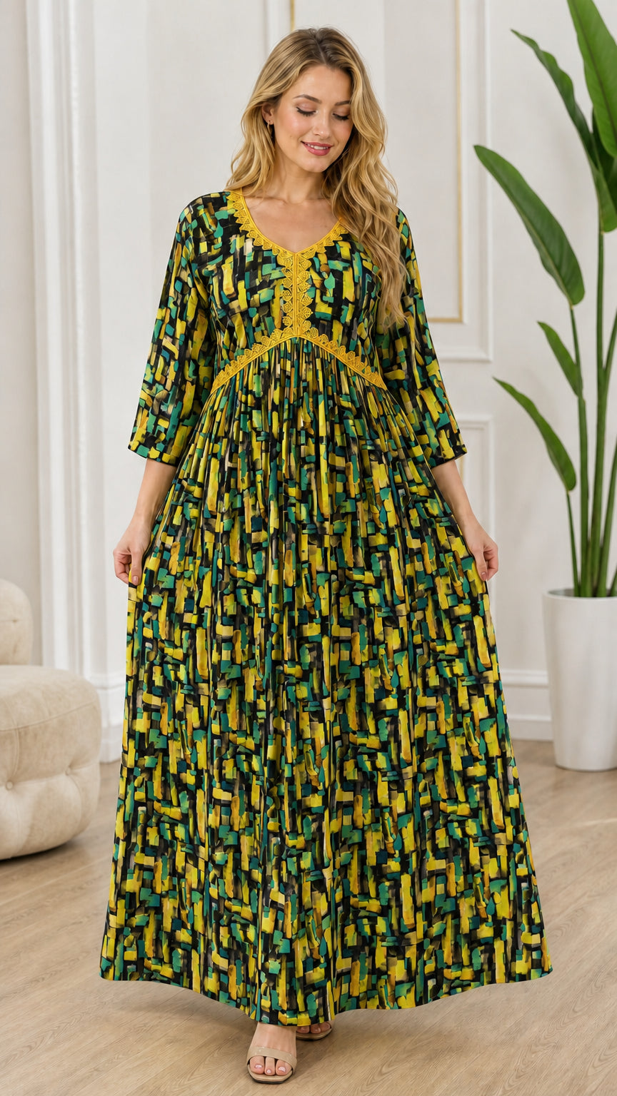 Full-length front view of model wearing black and multicolor abstract print maxi dress
