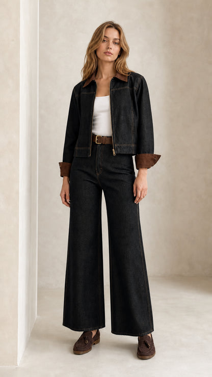 Model wearing Washed Black denim jacket and wide leg trousers set