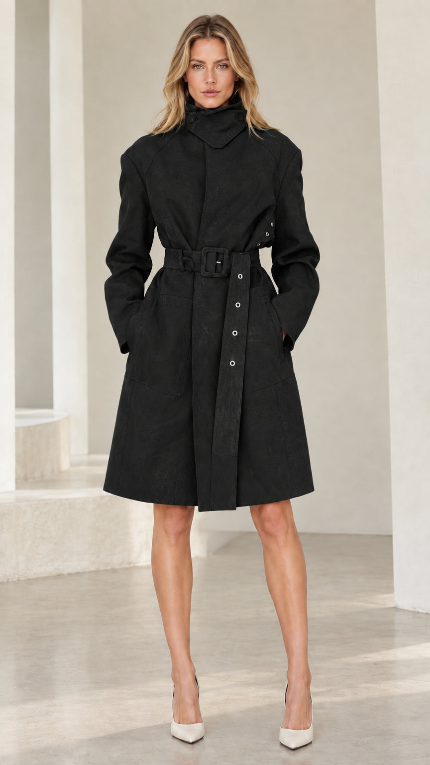 Front view of woman wearing Black stand collar belted trench coat