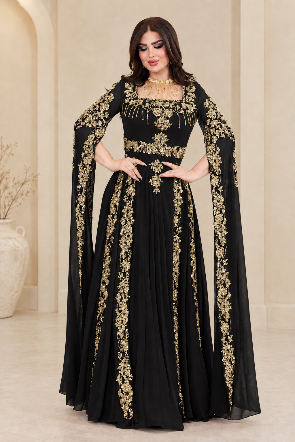 Black embroidered cape sleeve evening kaftan gown