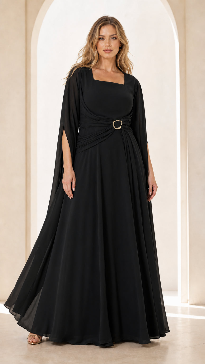 Front view of Black square neck cape sleeve formal evening dress