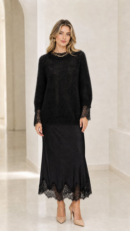 Black fuzzy knit crewneck sweater and lace trim midi skirt set