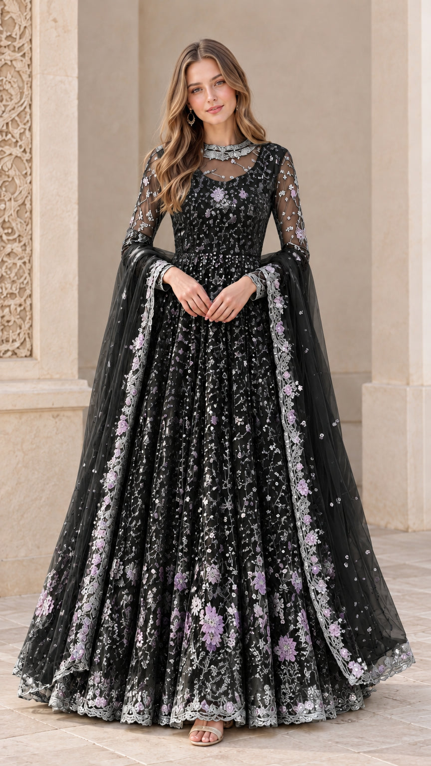 Black embroidered formal A-line maxi gown with sheer sleeves and matching scarf