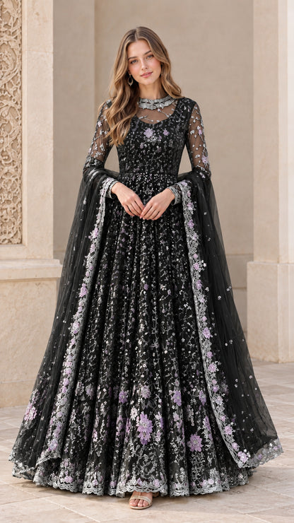 Black embroidered formal A-line maxi gown with sheer sleeves and matching scarf