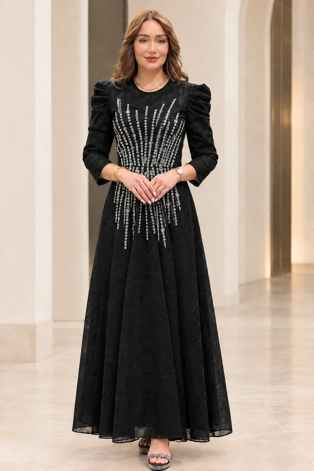 Black rhinestone embellished puff shoulder A-line maxi evening dress