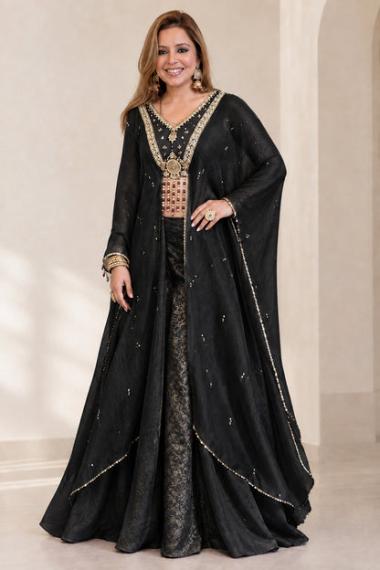 Black 3-piece cape pant set with shimmering metallic beadwork