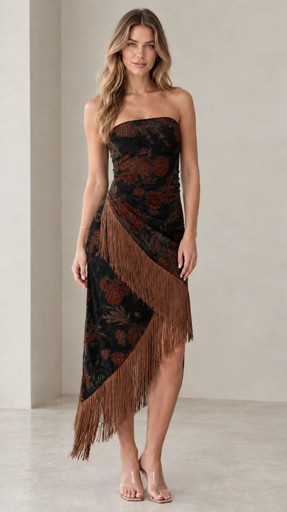 Black strapless floral midi dress with brown fringe hem trim