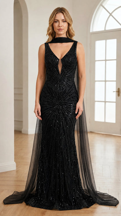 Front view of black beaded cape evening gown with plunging neckline