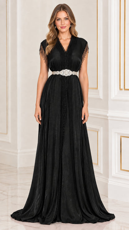 Black pleated kaftan maxi dress with embellished belt and fringe sleeves
