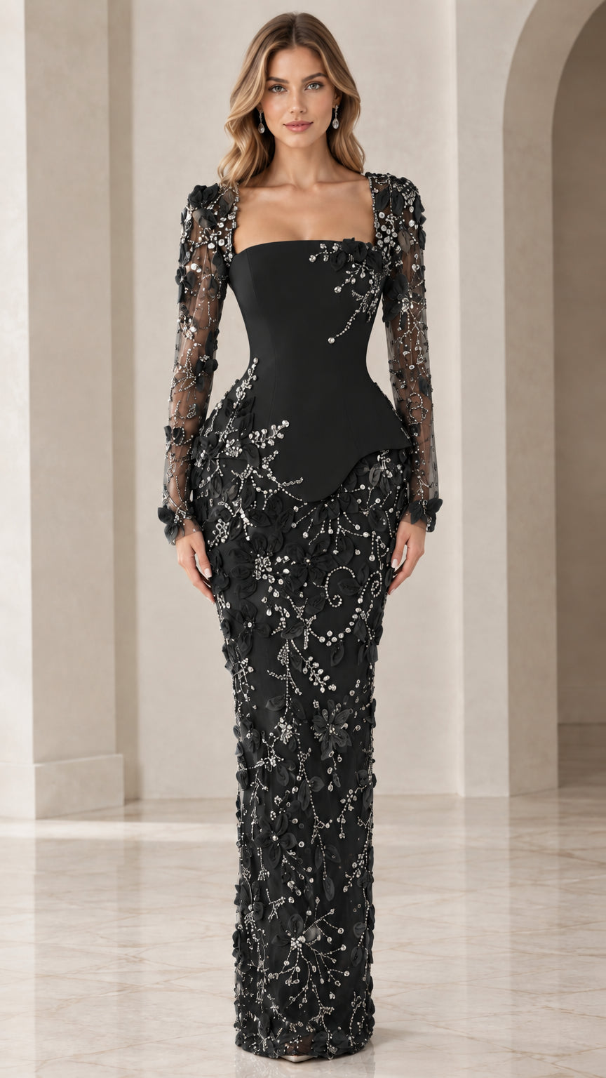 Black long sleeve square neck embellished lace formal gown with peplum bodice