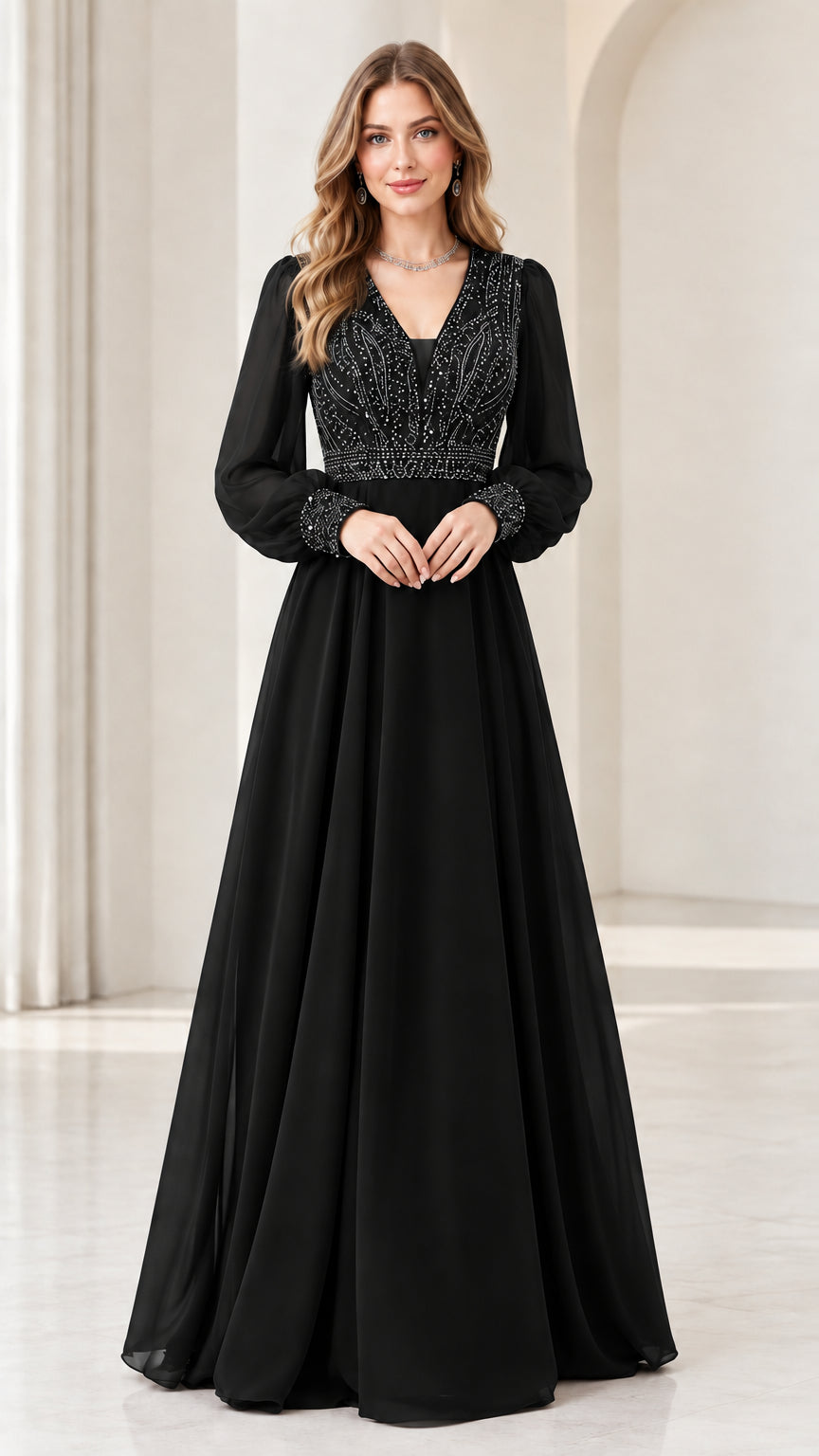 Model wearing black long sleeve beaded chiffon formal evening maxi dress