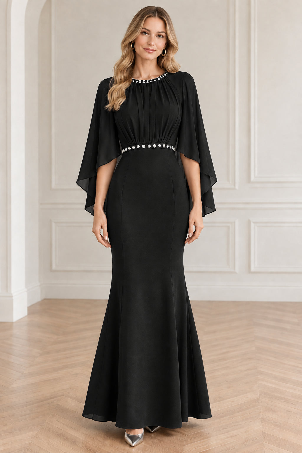 Black beaded cape sleeve floor-length evening dress