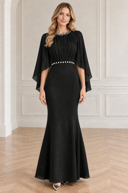 Black beaded cape sleeve floor-length evening dress