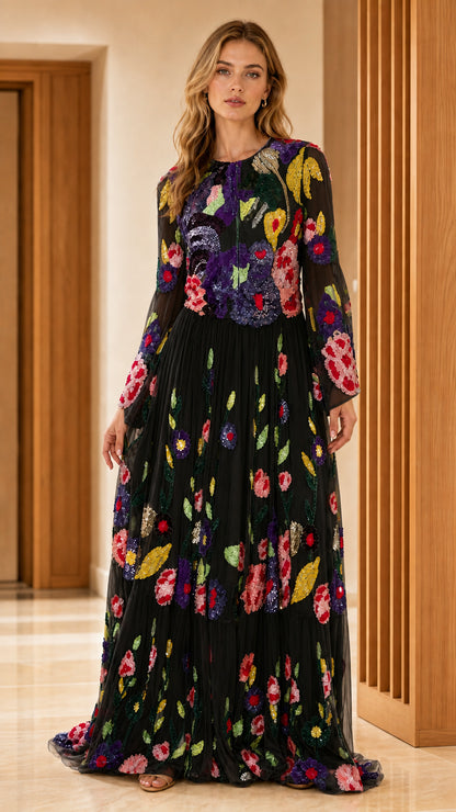 Black floral embroidered sequin long sleeve pleated tulle maxi gown