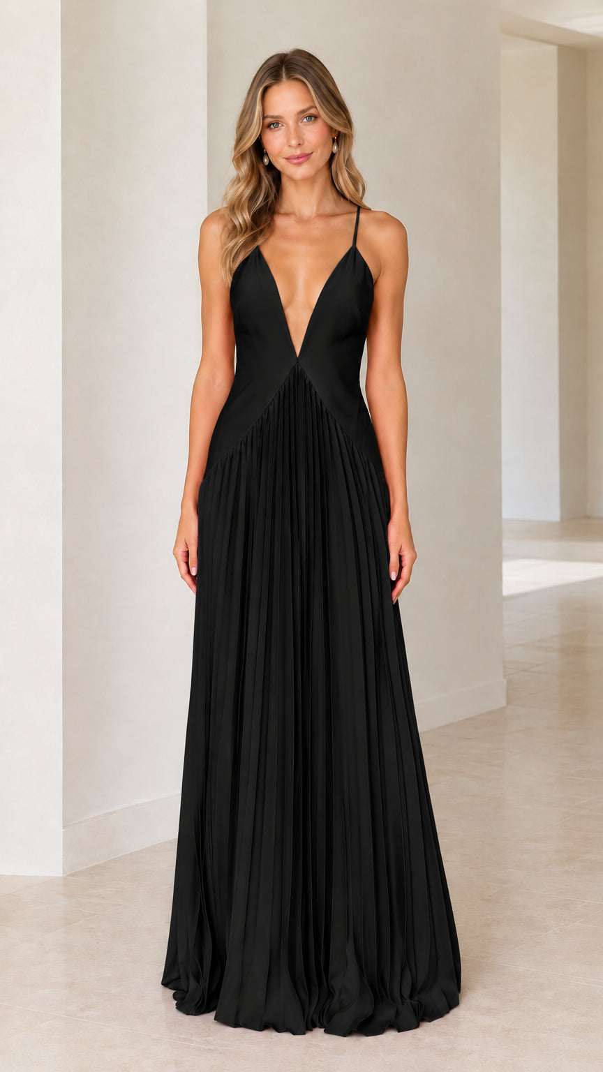 Black deep V-neck pleated formal maxi dress front view