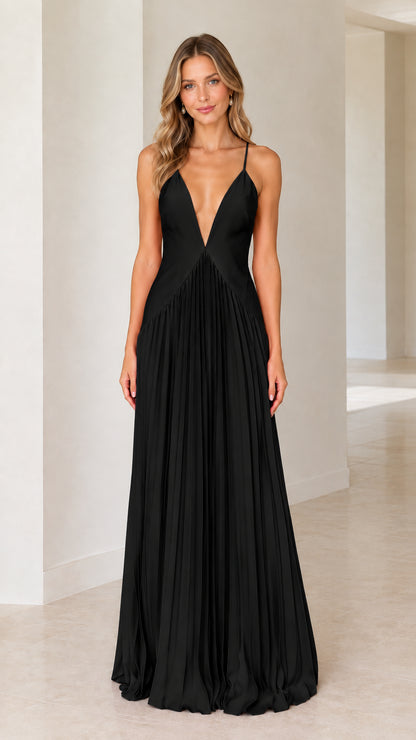 Black deep V-neck pleated formal maxi dress front view
