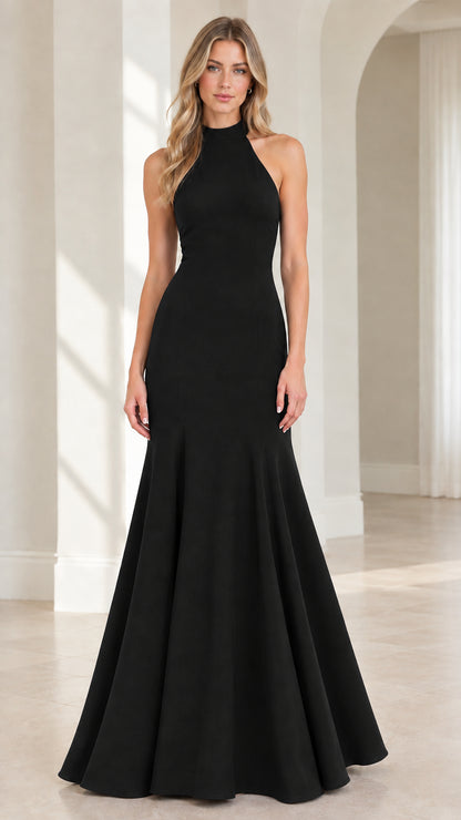 Front view of model wearing Black halter neck mermaid evening dress