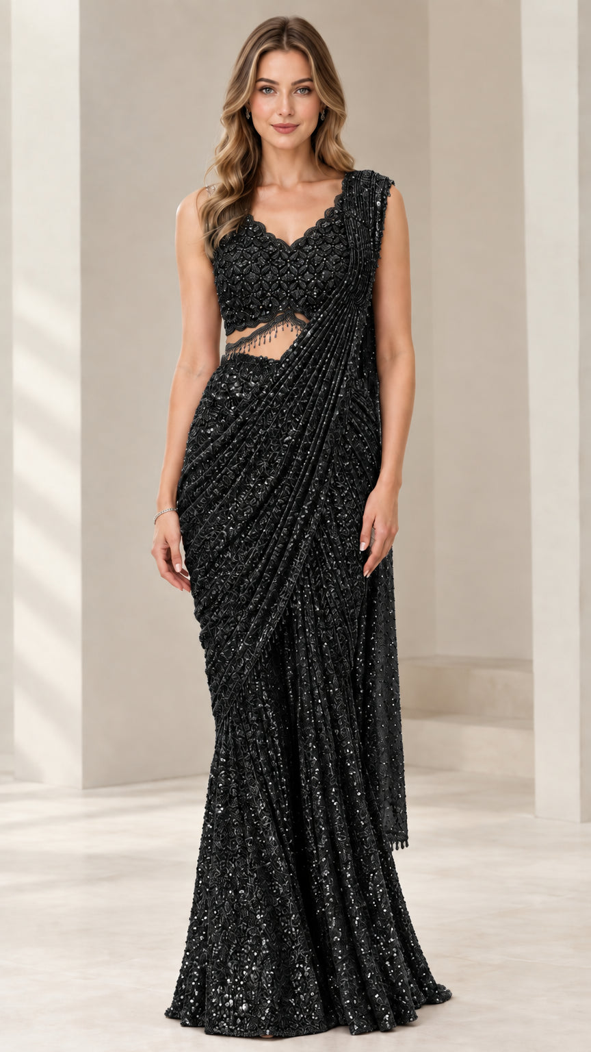 Black embellished pre-draped saree gown front view
