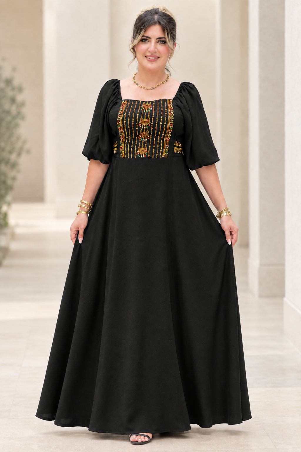 Front view of black embroidered square neck puff sleeve maxi dress