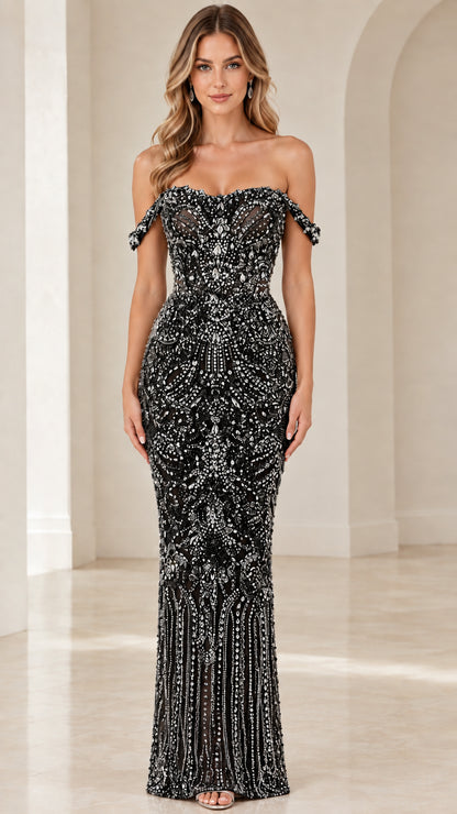 Full front view of Black crystal-embellished off-the-shoulder evening gown