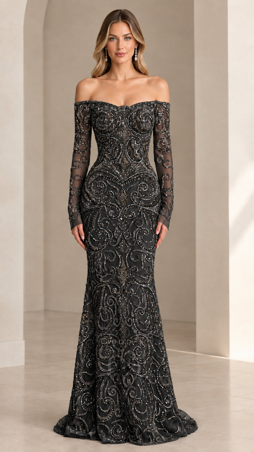 Front view of black beaded off-the-shoulder long sleeve mermaid gown