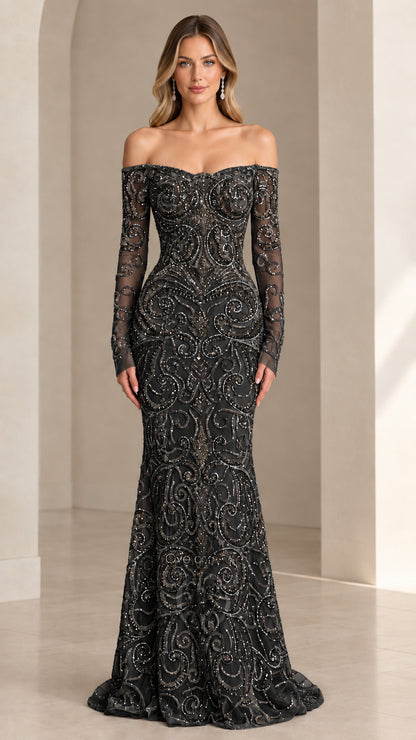 Front view of black beaded off-the-shoulder long sleeve mermaid gown