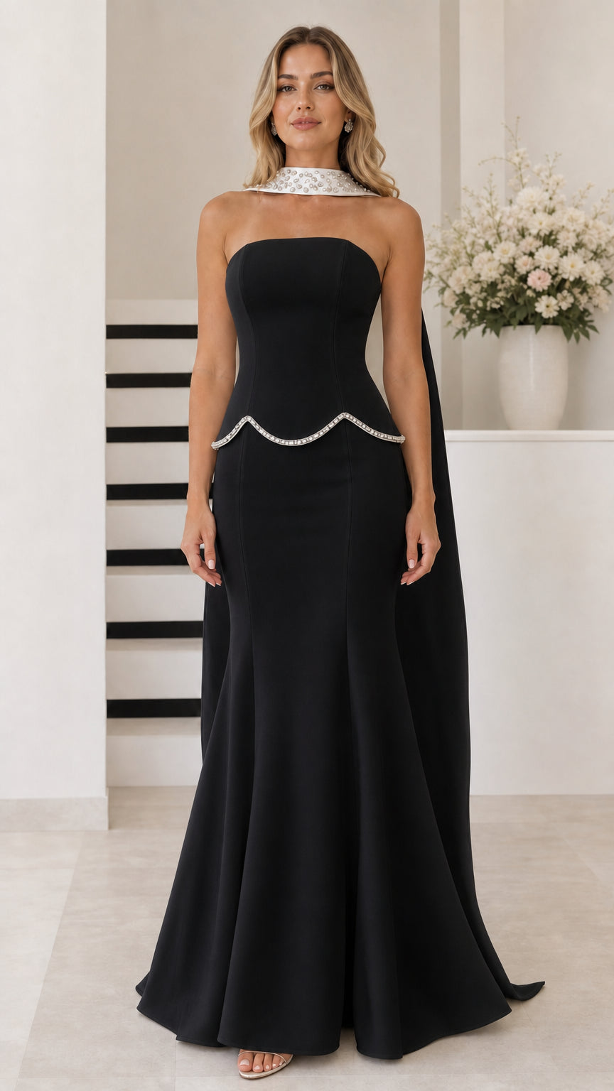 Black strapless mermaid evening gown with beaded choker and cape