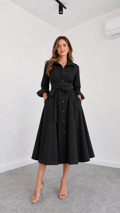 Front view of model wearing Black button-down belted midi shirt dress