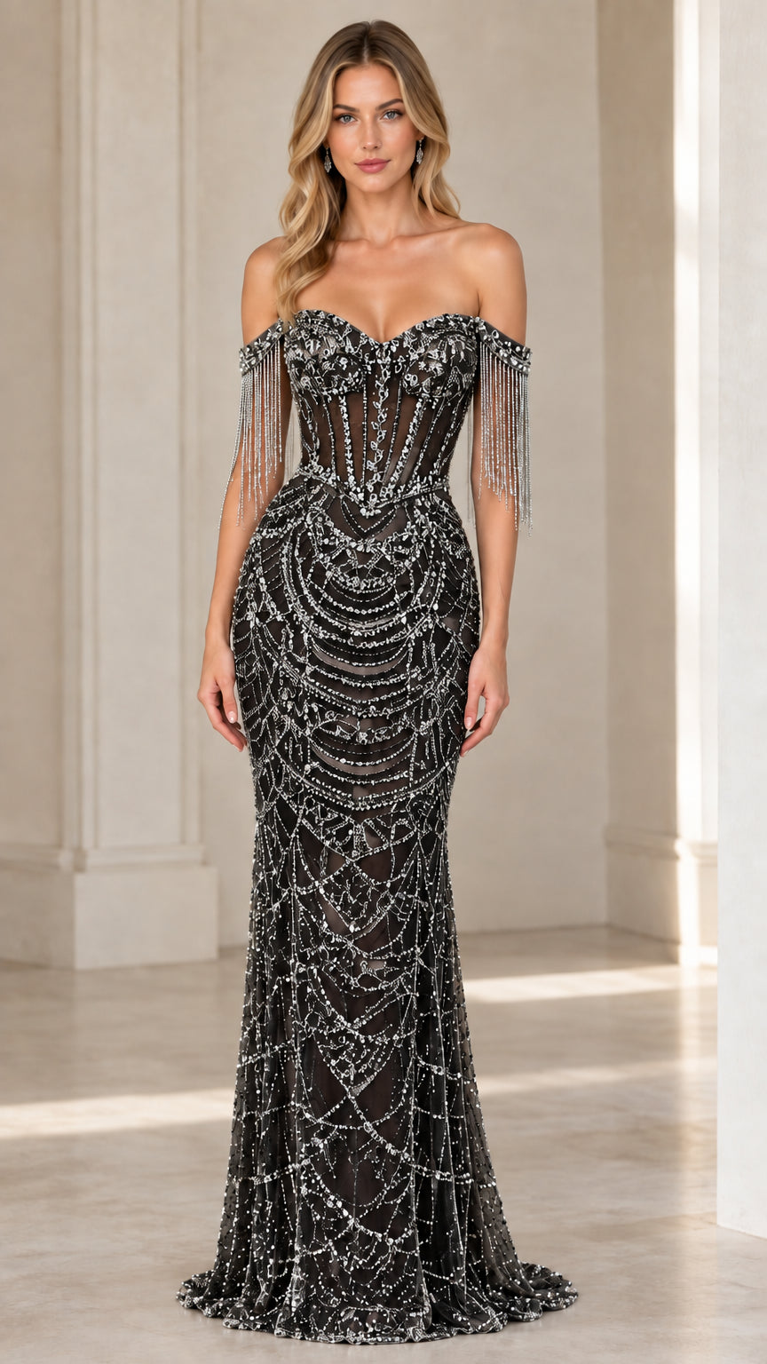 Black off-shoulder beaded mermaid gown with silver embellishments