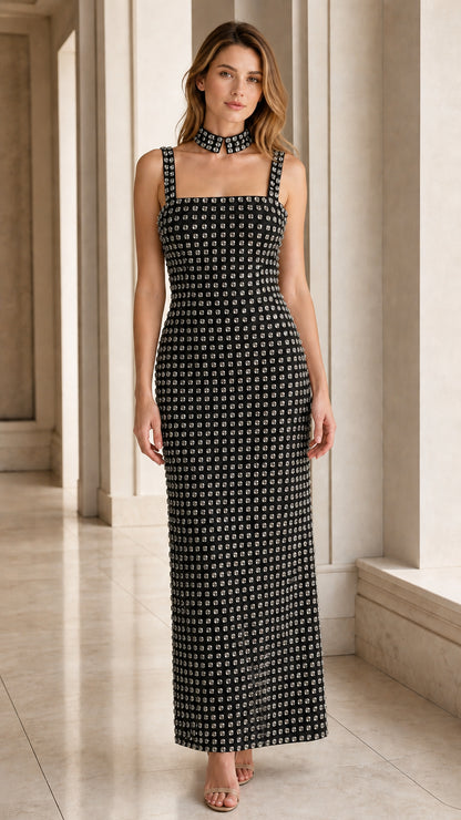 Black rhinestone embellished square neck column maxi dress